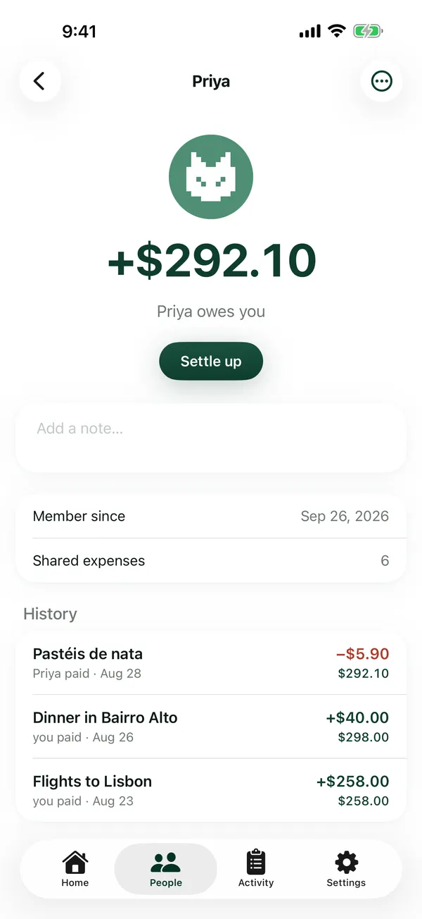 Priya's page with your balance and shared history