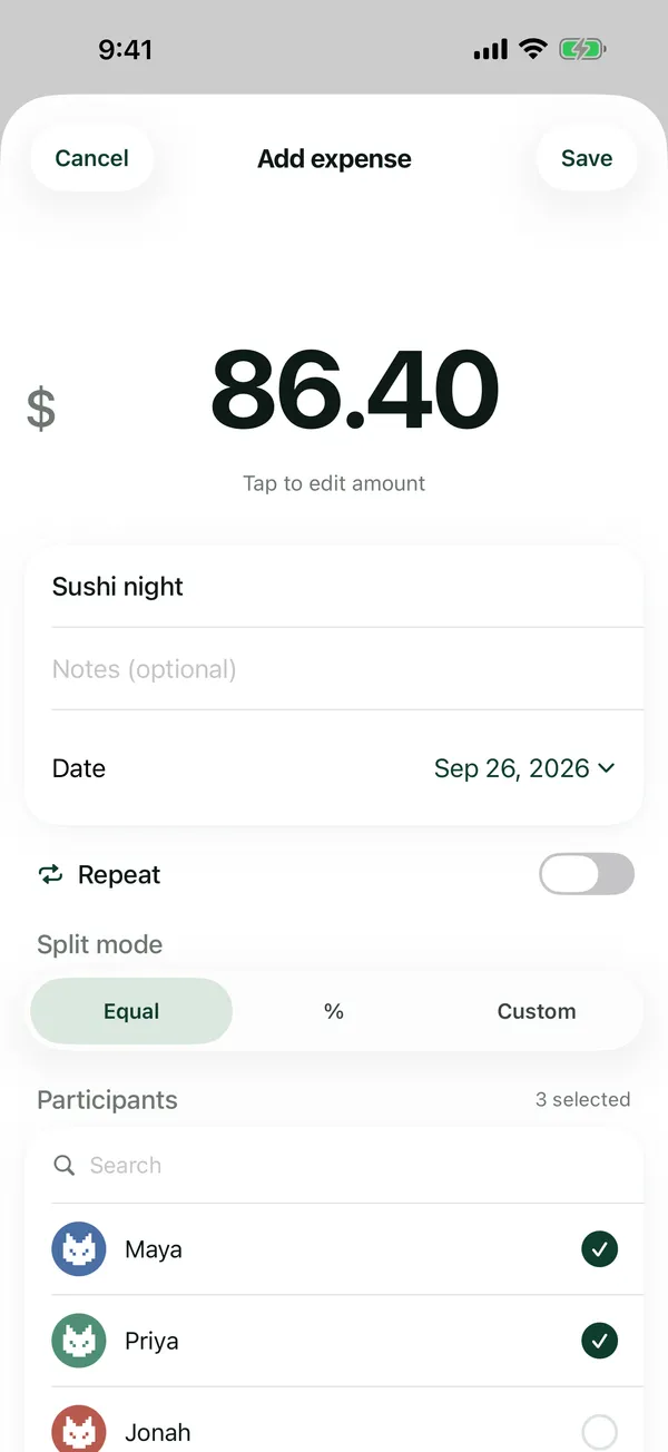 Add Expense, filled in with an amount, who paid, the participants and the split mode