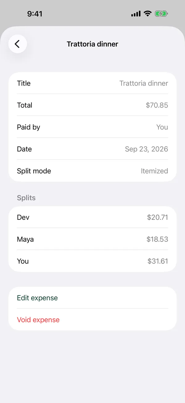 The saved Trattoria dinner expense: $70.85 paid by you, split itemized, with Dev at $20.71, Maya at $18.53 and you at $31.61