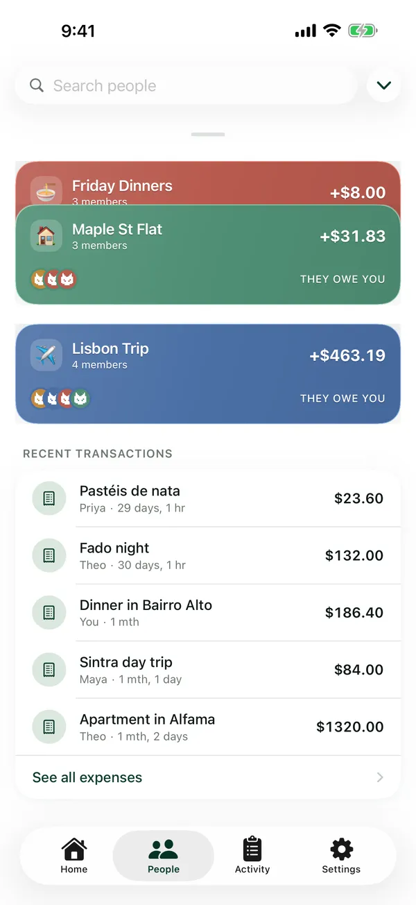 The Lisbon Trip group with its balance and recent transactions