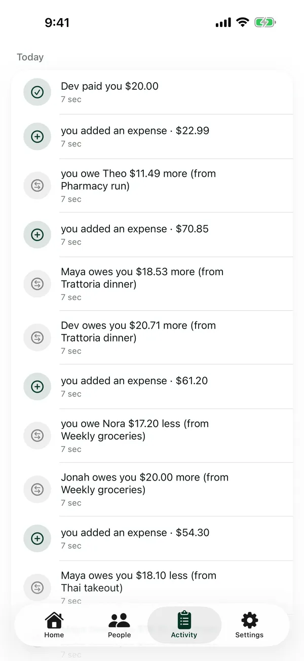 Activity log with plain-English entries for each change