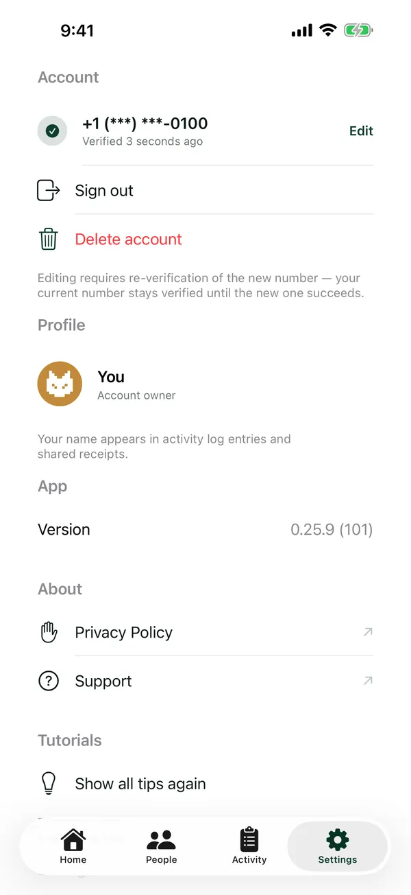 The two cats Settings screen with account, profile, Privacy Policy and Support links